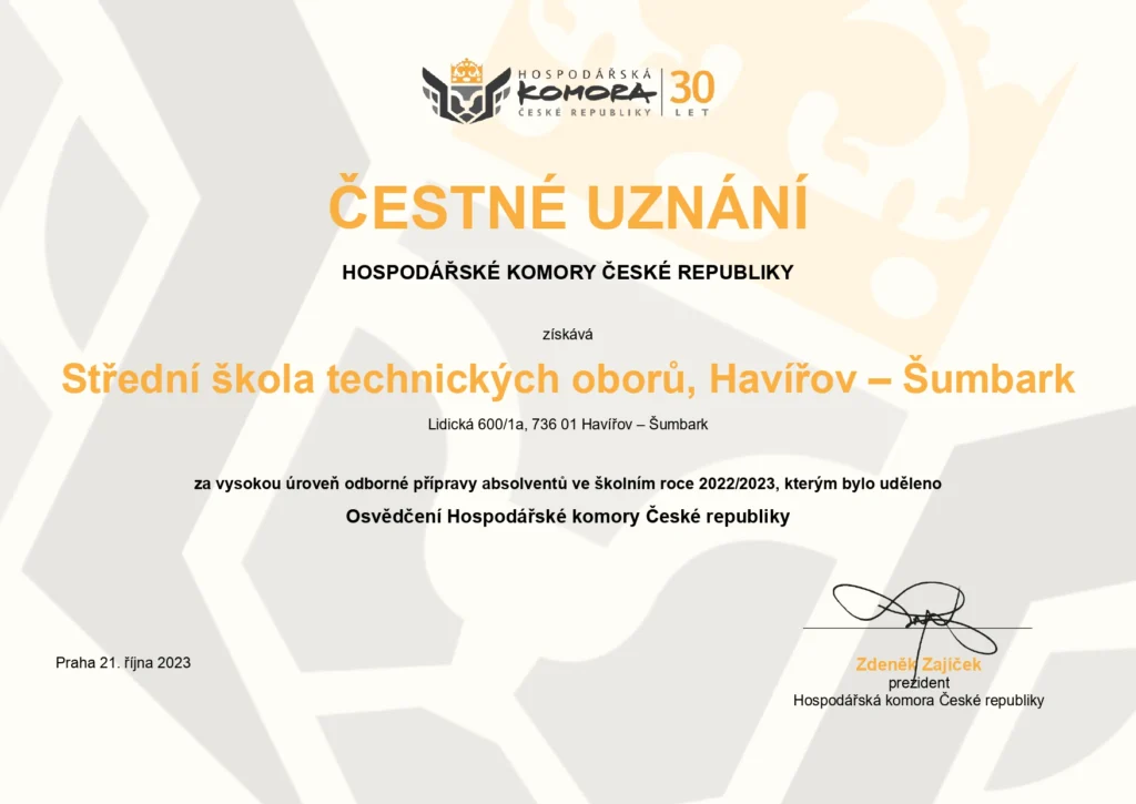 Hospodářská komora ocenila naše absolventy 2023