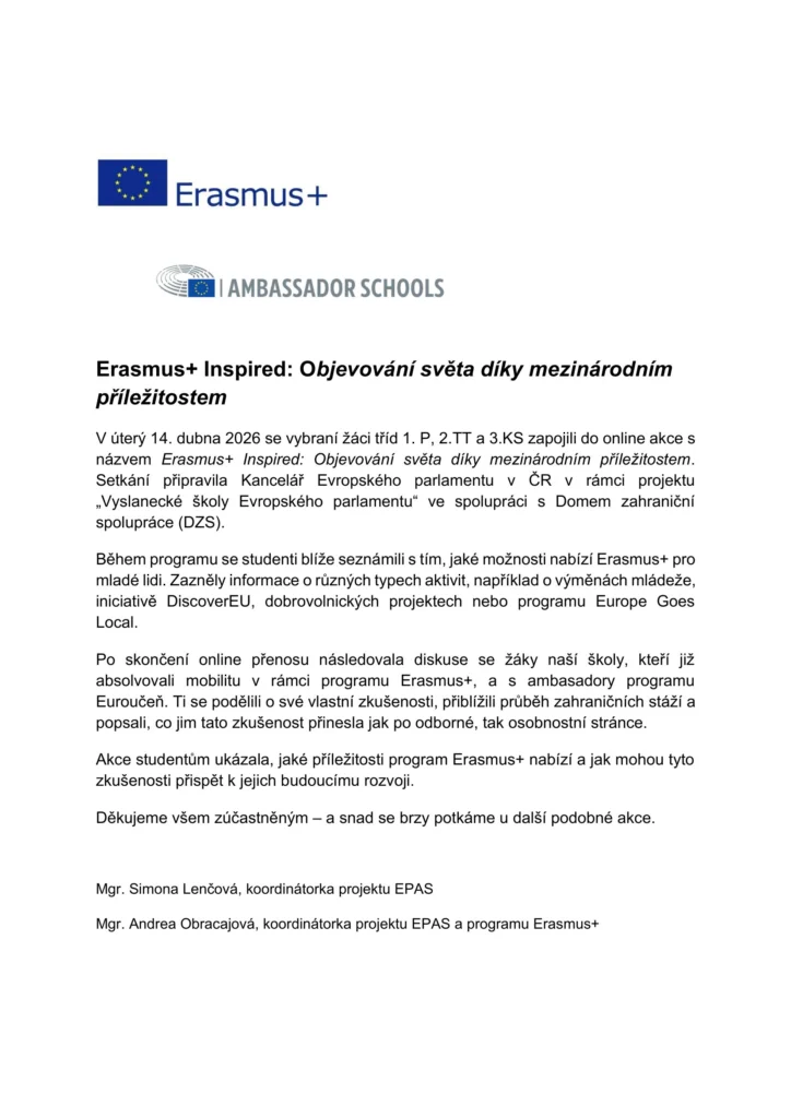 Erasmus+ Inspired: Objevování světa díky mezinárodním příležitostem 2026