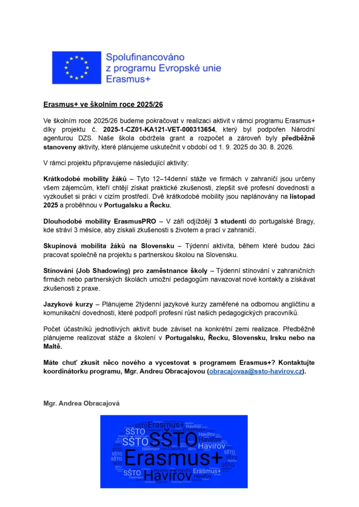 Erasmus+ ve školním roce 2025/26