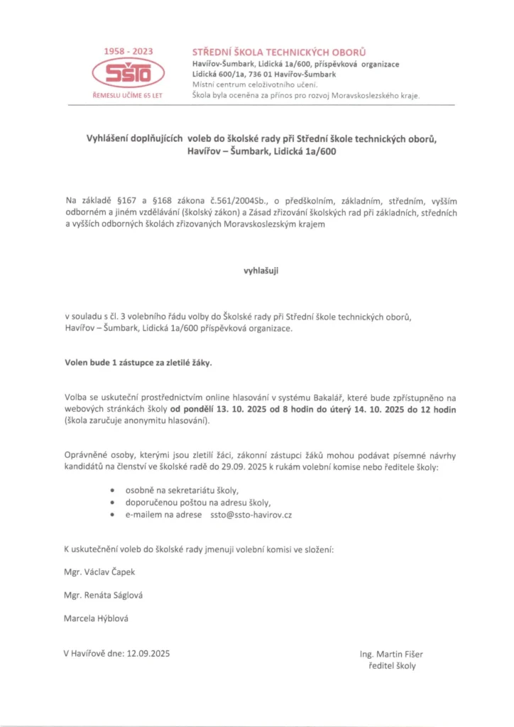Vyhlášení doplňujících voleb do školské rady 2025