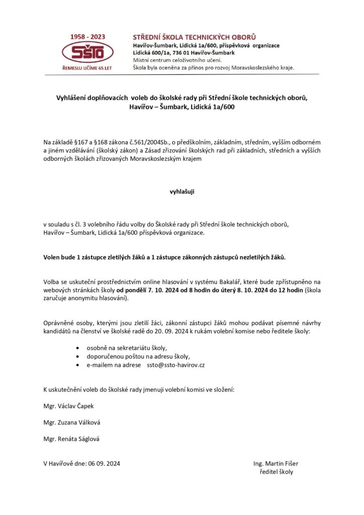 Vyhlášení doplňovacích voleb do školské rady 2024 + Kandidáti