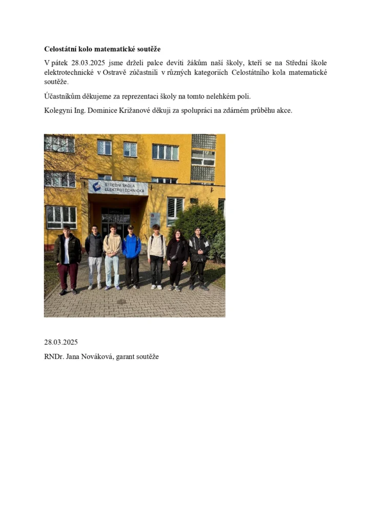 Celostátní kolo matematické soutěže 2025