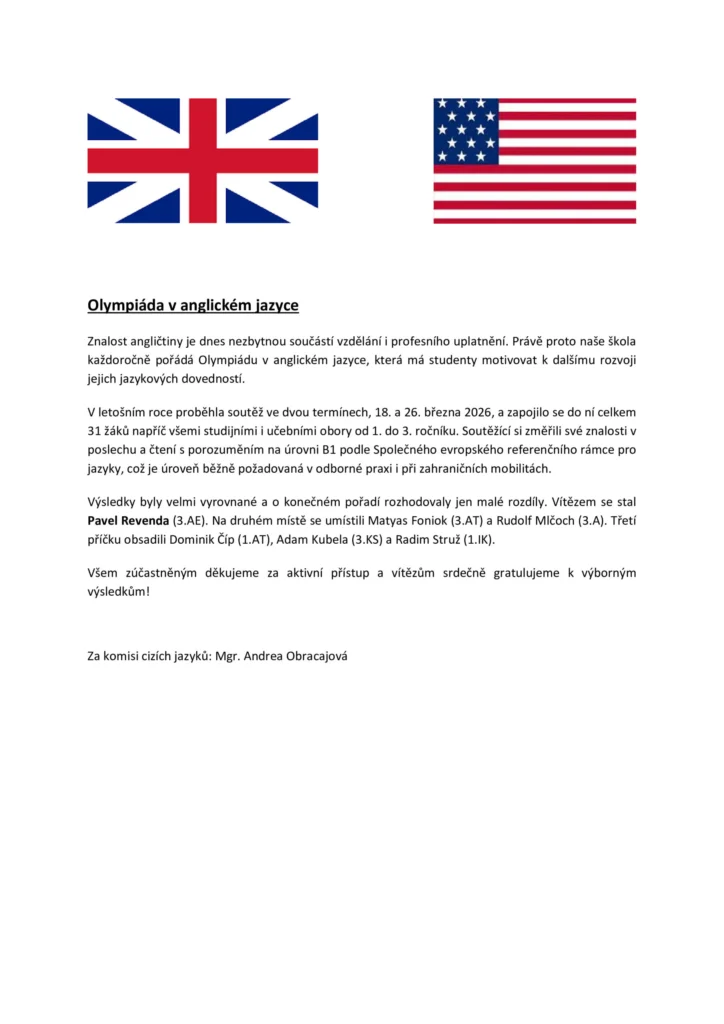 Olympiáda v anglickém jazyce 2026