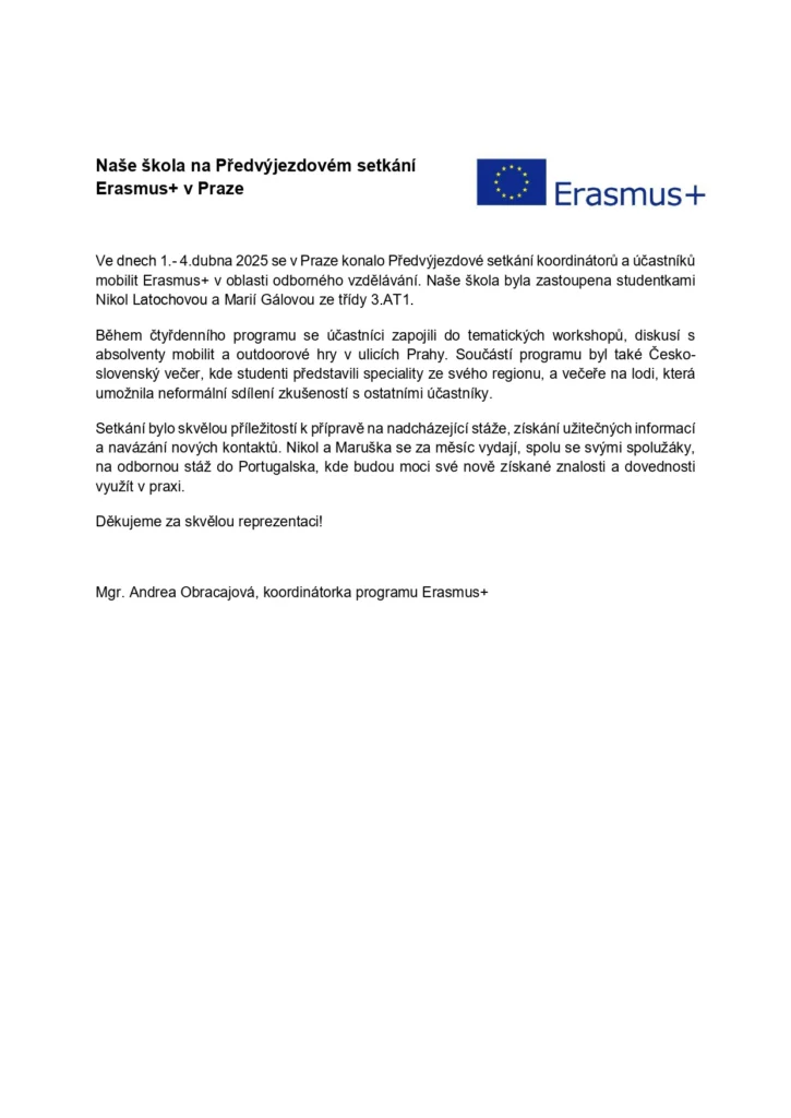 Naše škola na Předvýjezdovém setkání Erasmus+ v Praze 2025