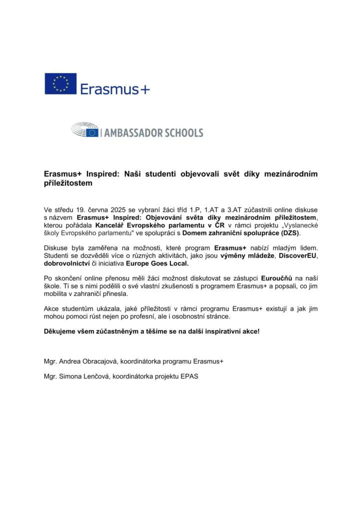 Erasmus+ Inspired: Naši studenti objevovali svět díky mezinárodním příležitostem 2025