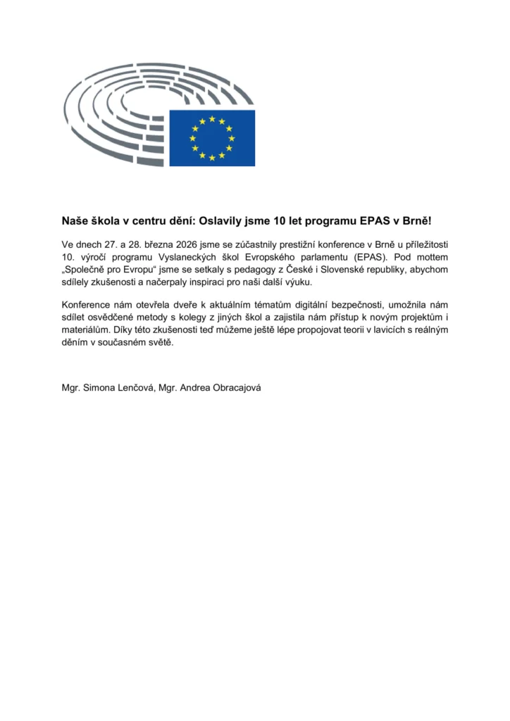 Naše škola v centru dění: Oslavily jsme 10 let programu EPAS v Brně! 2026