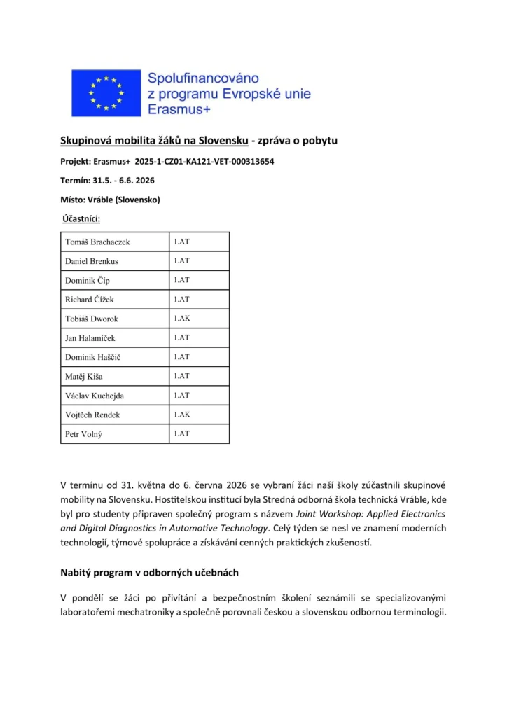 Skupinová mobilita žáků na Slovensku - zpráva o pobytu 2026