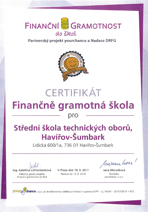 Certifikát Finančně gramotná škola