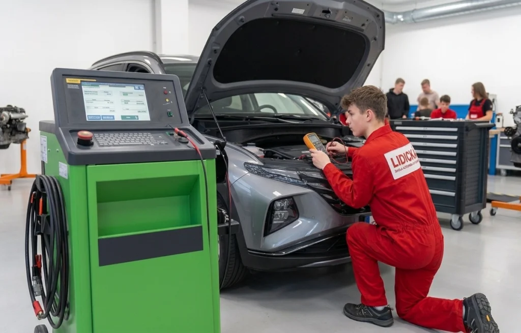 Obor Autoelektrikář – žák LIDICKÁ měří elektroniku auta